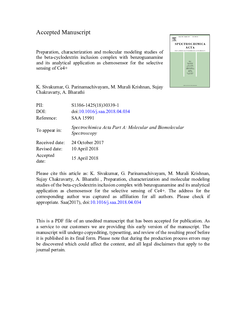 Preparation, characterization and molecular modeling studies of the beta-cyclodextrin inclusion complex with benzoguanamine and its analytical application as chemosensor for the selective sensing of Ce4+