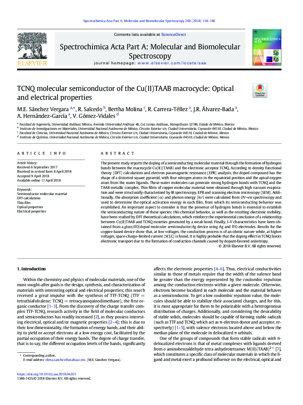 TCNQ molecular semiconductor of the Cu(II)TAAB macrocycle: Optical and electrical properties