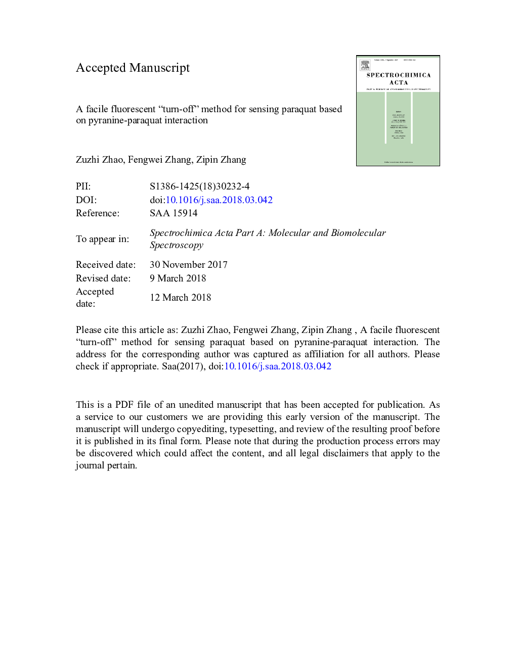 A facile fluorescent “turn-off” method for sensing paraquat based on pyranine-paraquat interaction