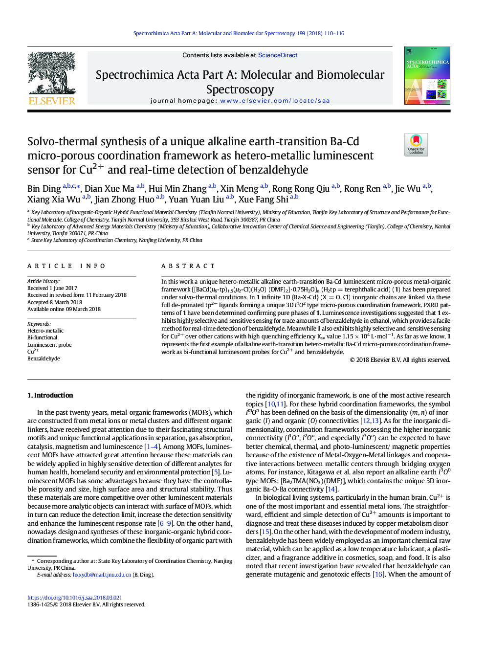 Solvo-thermal synthesis of a unique alkaline earth-transition Ba-Cd micro-porous coordination framework as hetero-metallic luminescent sensor for Cu2+ and real-time detection of benzaldehyde