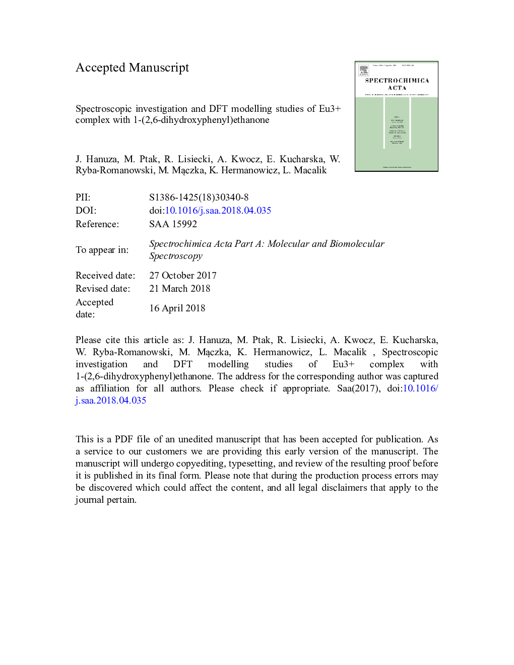 Spectroscopic investigation and DFT modelling studies of Eu3+ complex with 1-(2,6-dihydroxyphenyl)ethanone