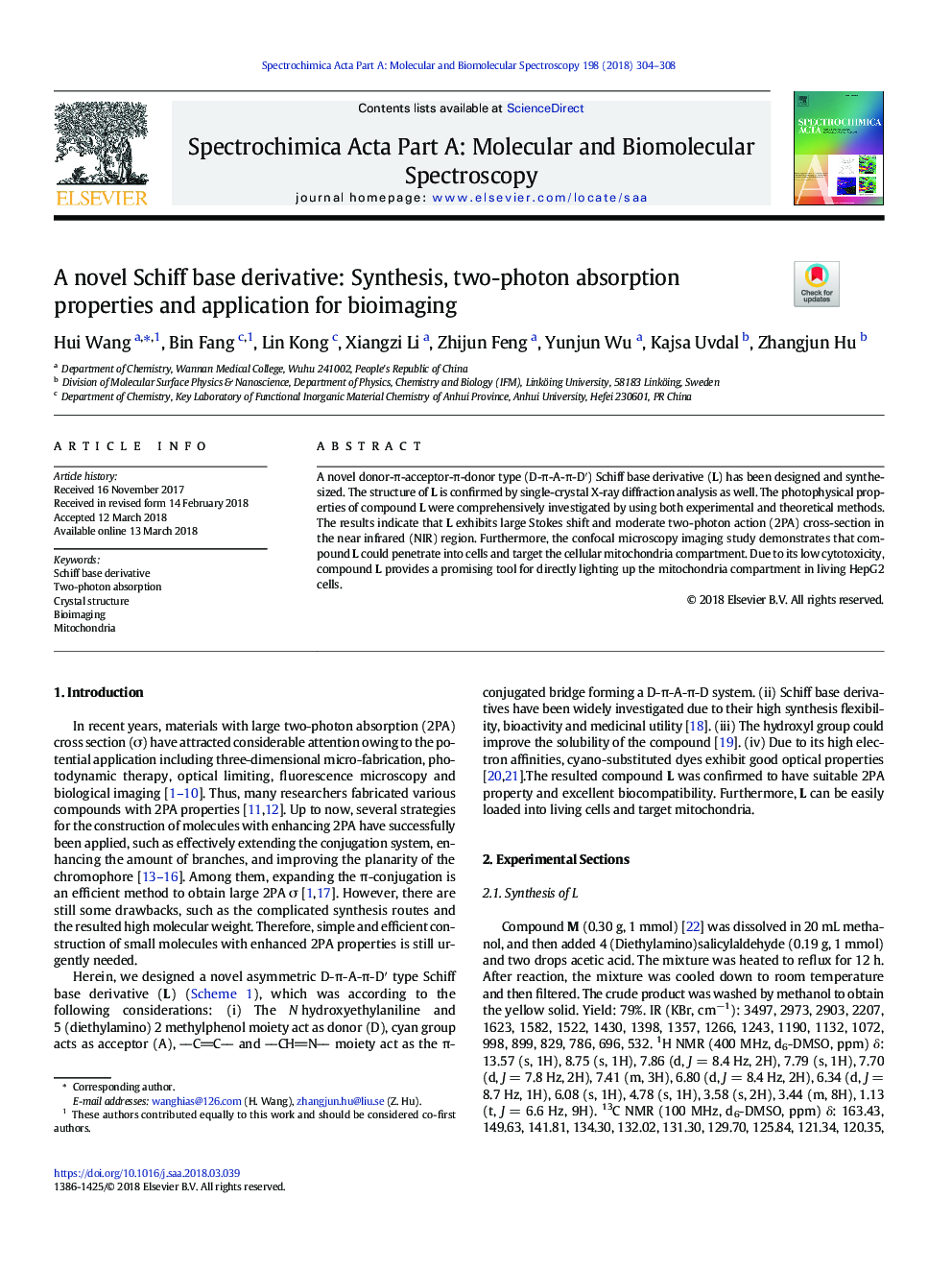 A novel Schiff base derivative: Synthesis, two-photon absorption properties and application for bioimaging