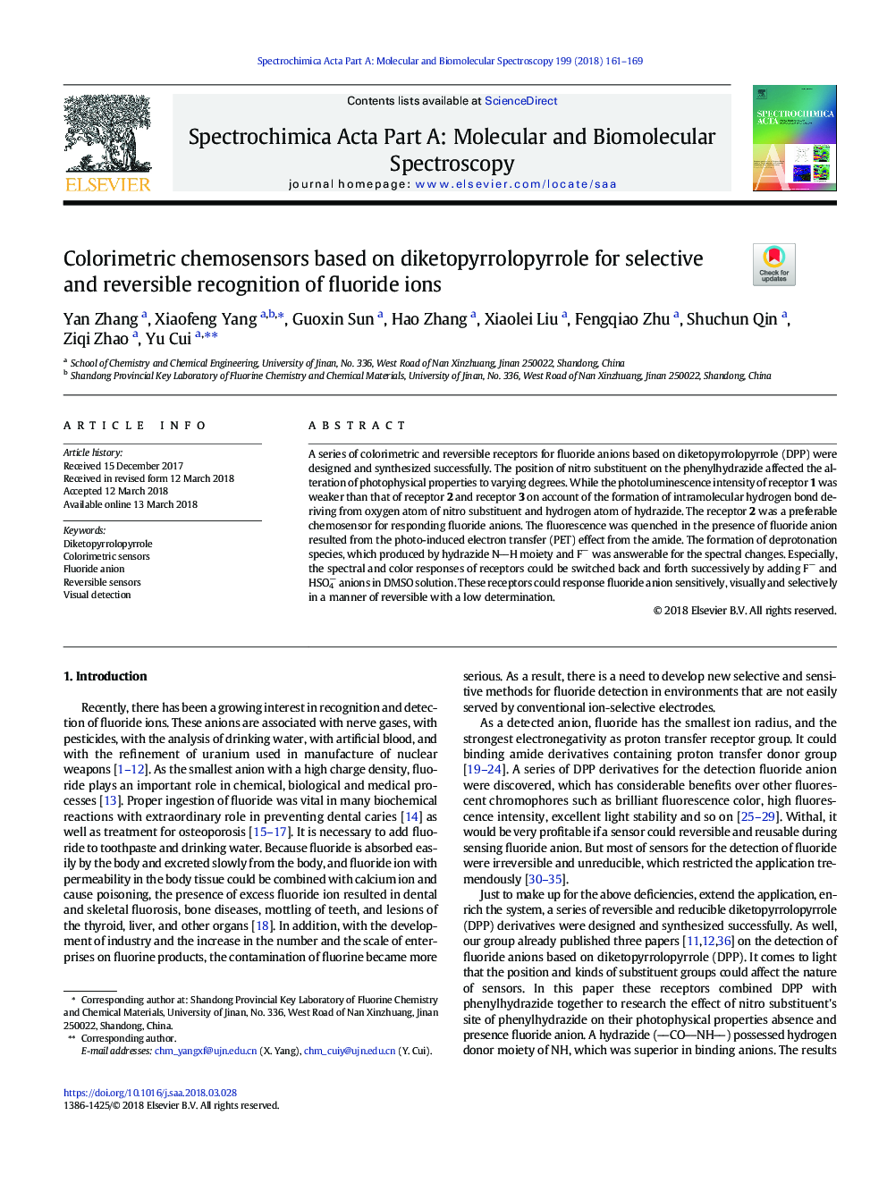 Colorimetric chemosensors based on diketopyrrolopyrrole for selective and reversible recognition of fluoride ions