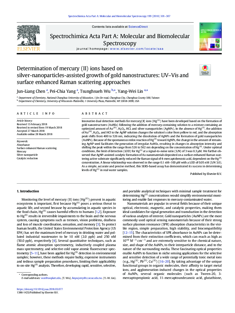 Determination of mercury (II) ions based on silver-nanoparticles-assisted growth of gold nanostructures: UV-Vis and surface enhanced Raman scattering approaches