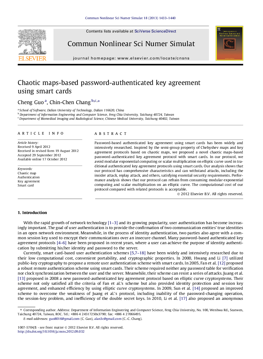 عکس صفحه اول مقاله: Chaotic maps-based password-authenticated key agreement using smart cards Chaotic maps-based password-authenticated key agreement using smart cards