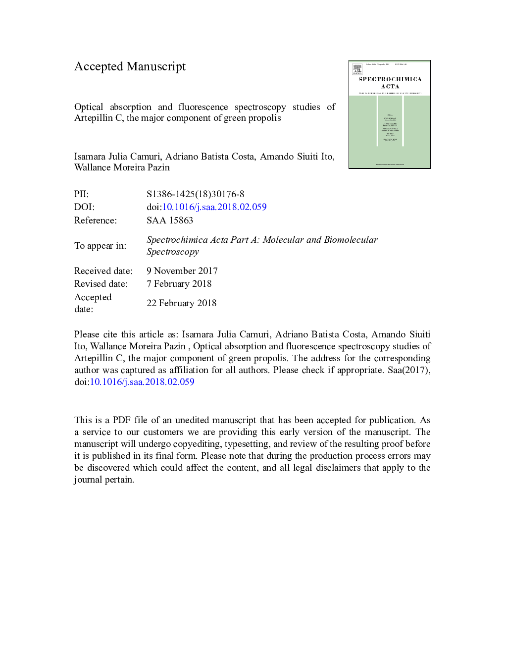 Optical absorption and fluorescence spectroscopy studies of Artepillin C, the major component of green propolis