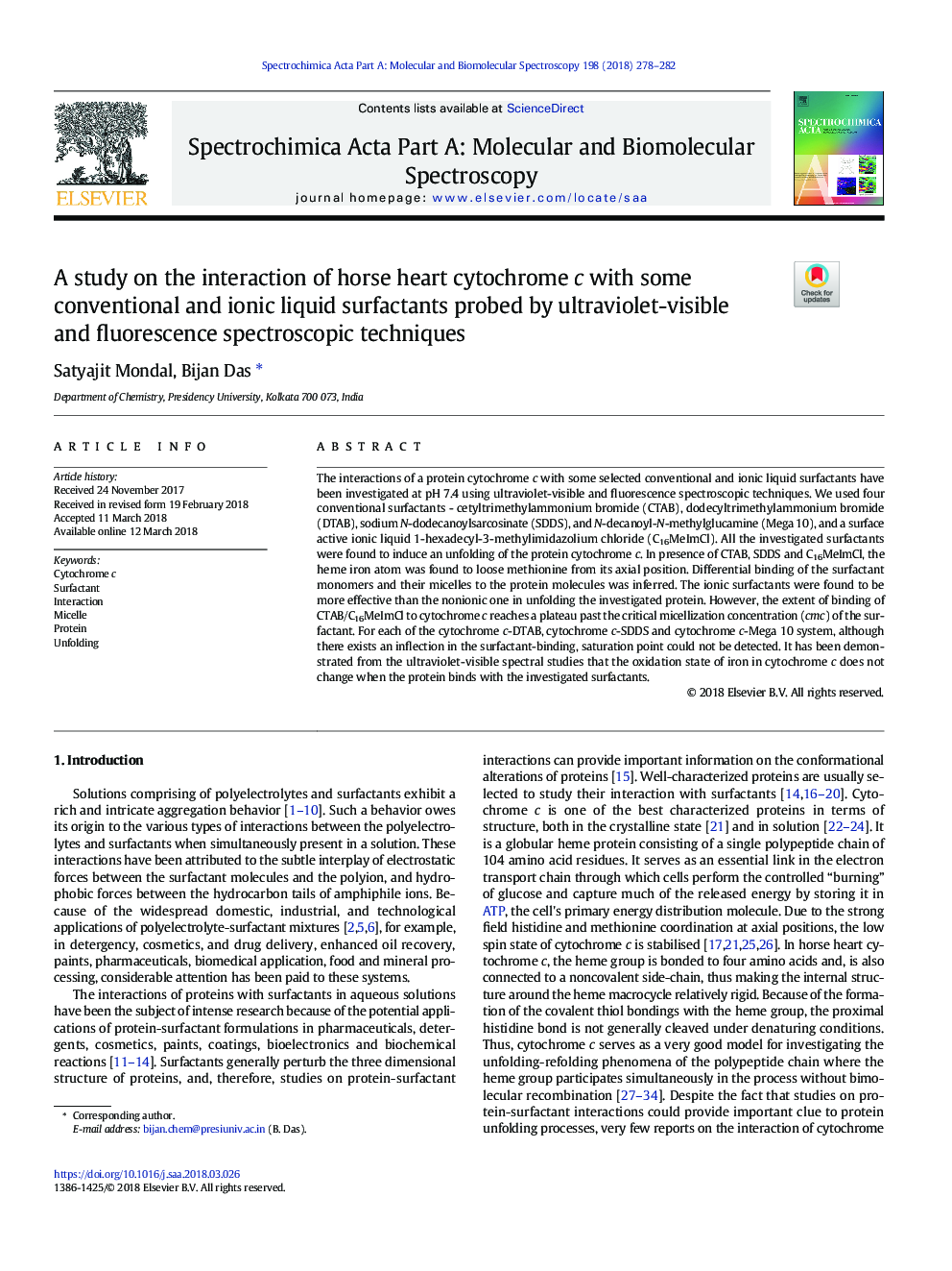 A study on the interaction of horse heart cytochrome c with some conventional and ionic liquid surfactants probed by ultraviolet-visible and fluorescence spectroscopic techniques