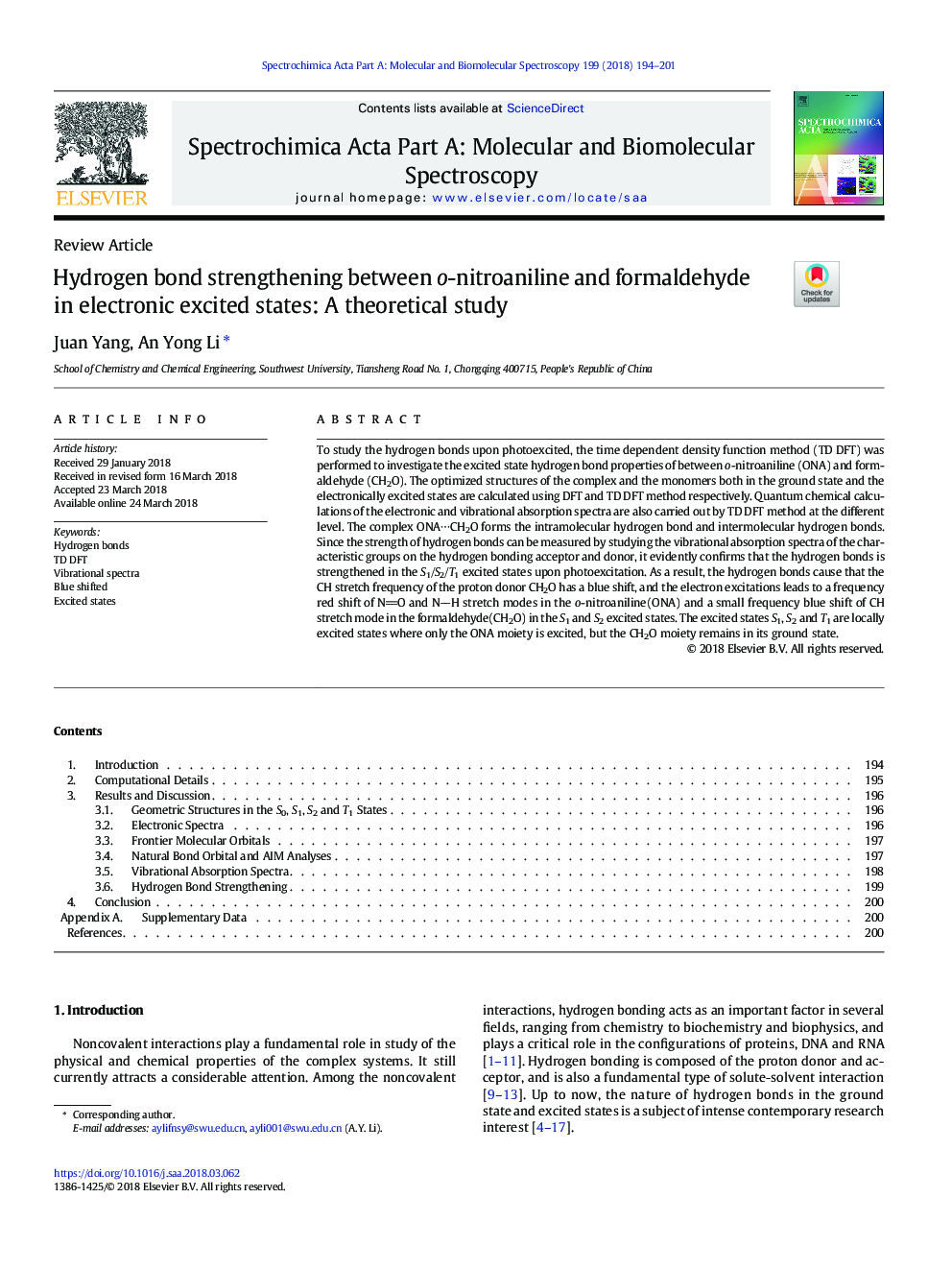 Hydrogen bond strengthening between o-nitroaniline and formaldehyde in electronic excited states: A theoretical study