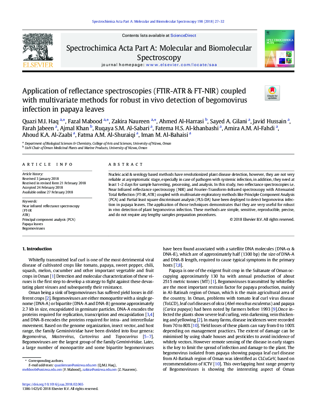 Application of reflectance spectroscopies (FTIR-ATR & FT-NIR) coupled with multivariate methods for robust in vivo detection of begomovirus infection in papaya leaves