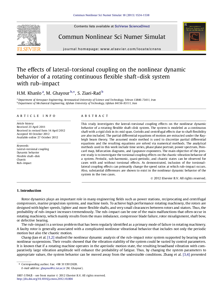 The effects of lateral–torsional coupling on the nonlinear dynamic behavior of a rotating continuous flexible shaft–disk system with rub–impact