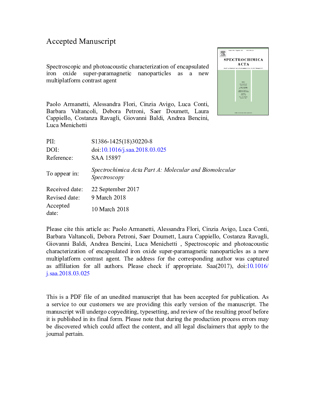 Spectroscopic and photoacoustic characterization of encapsulated iron oxide super-paramagnetic nanoparticles as a new multiplatform contrast agent