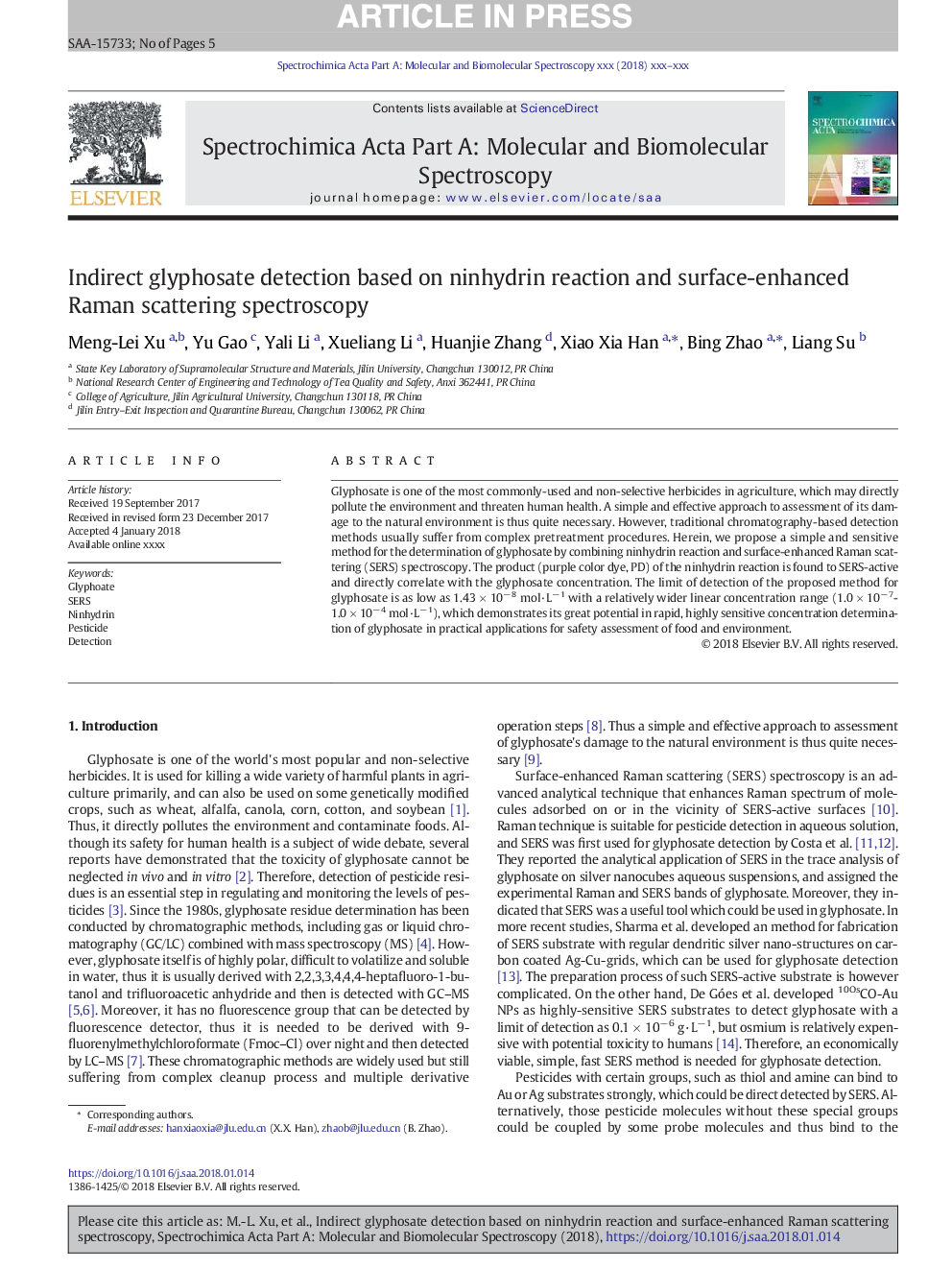 Indirect glyphosate detection based on ninhydrin reaction and surface-enhanced Raman scattering spectroscopy