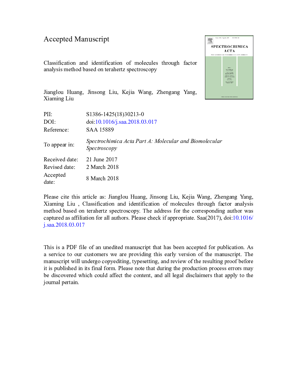 Classification and identification of molecules through factor analysis method based on terahertz spectroscopy