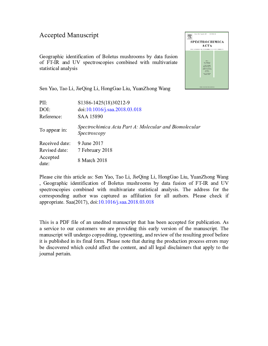 Geographic identification of Boletus mushrooms by data fusion of FT-IR and UV spectroscopies combined with multivariate statistical analysis