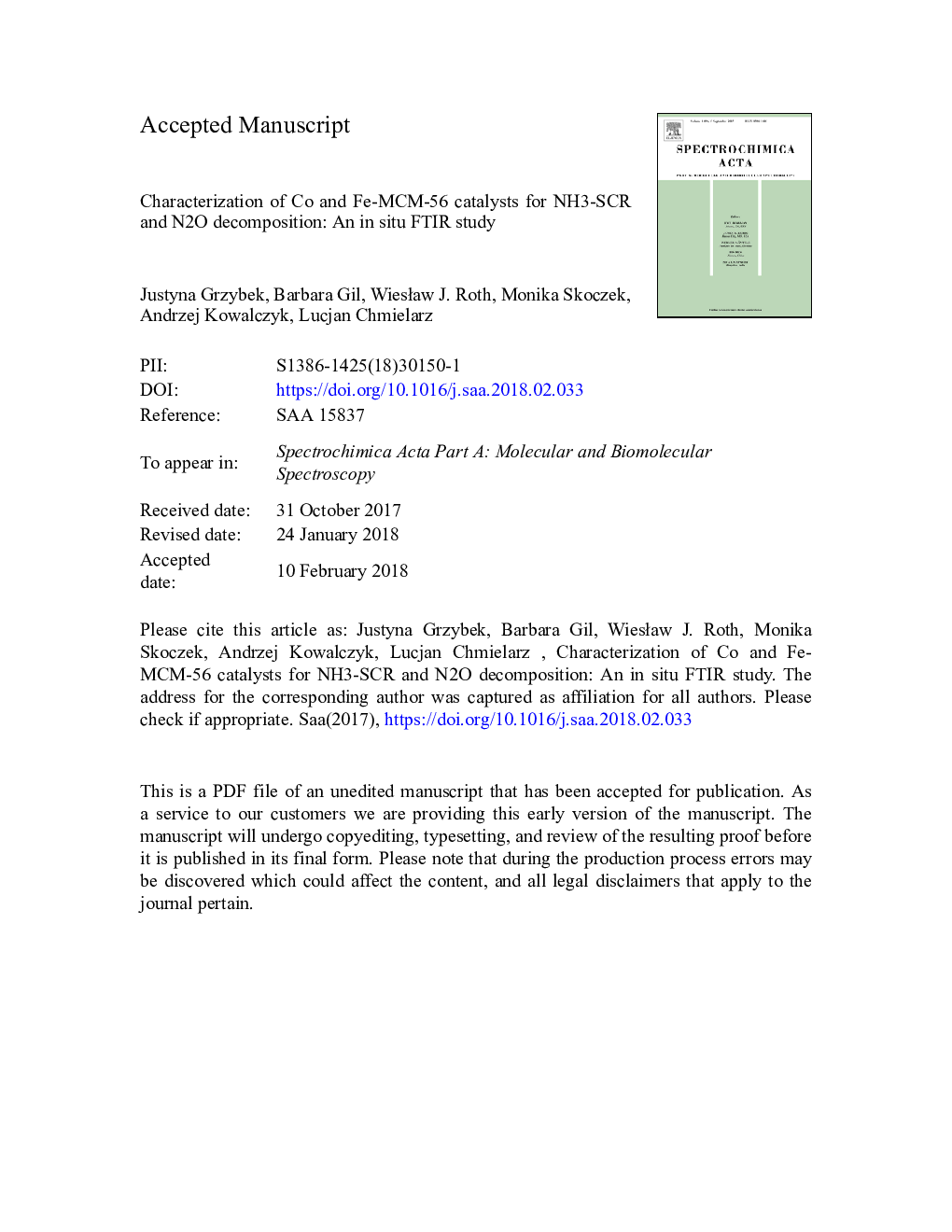 Characterization of Co and Fe-MCM-56 catalysts for NH3-SCR and N2O decomposition: An in situ FTIR study