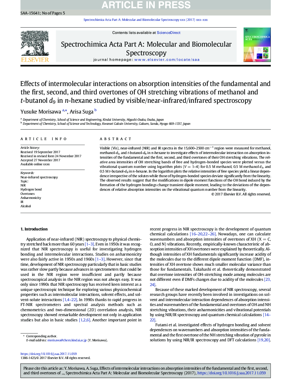 Effects of intermolecular interactions on absorption intensities of the fundamental and the first, second, and third overtones of OH stretching vibrations of methanol and t-butanolâd9 in n-hexane studied by visible/near-infrared/infrared spectroscopy