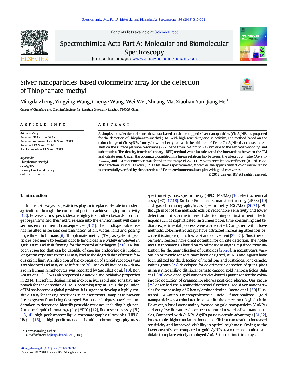 Silver nanoparticles-based colorimetric array for the detection of Thiophanate-methyl