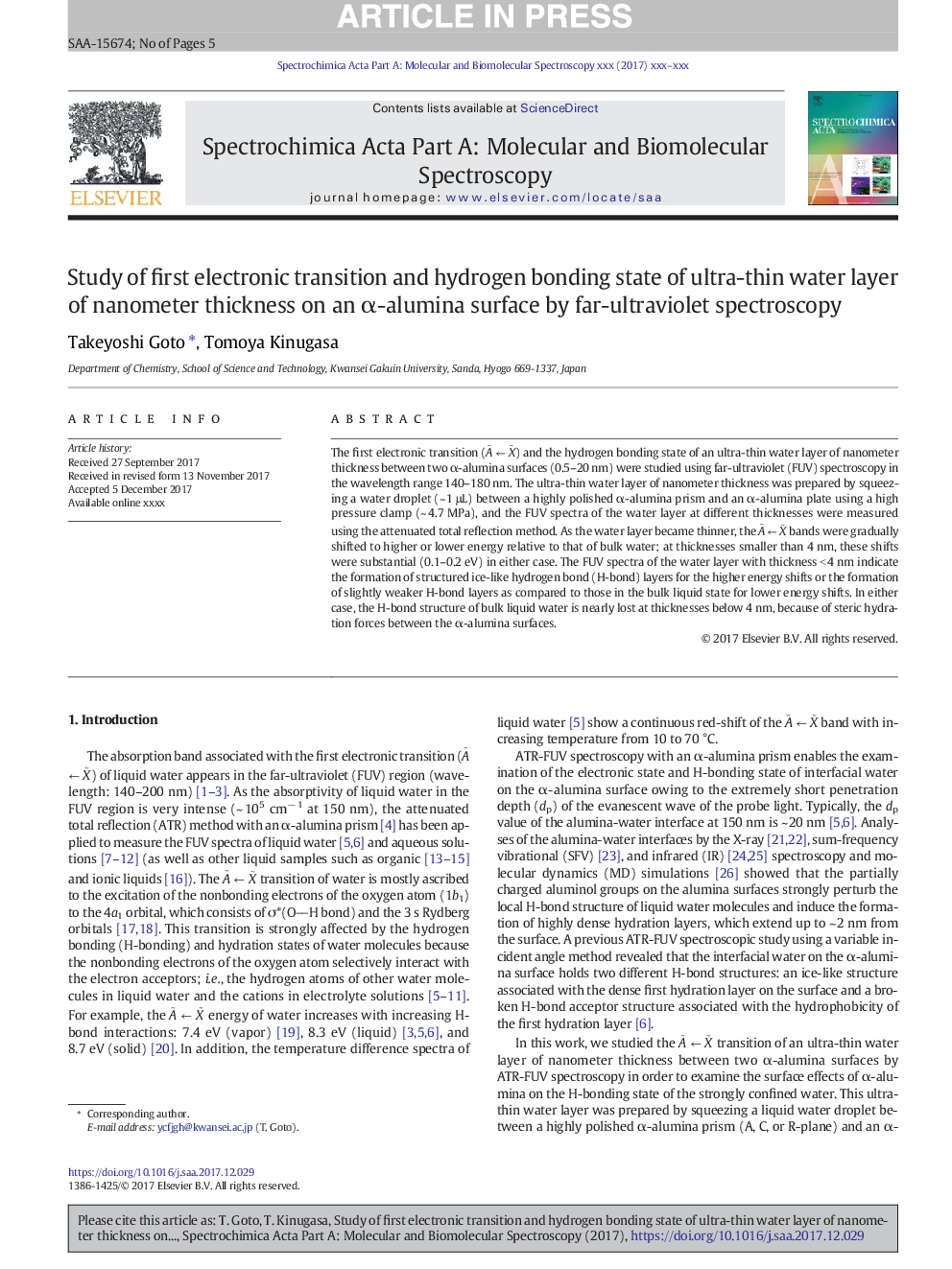 Study of first electronic transition and hydrogen bonding state of ultra-thin water layer of nanometer thickness on an Î±-alumina surface by far-ultraviolet spectroscopy