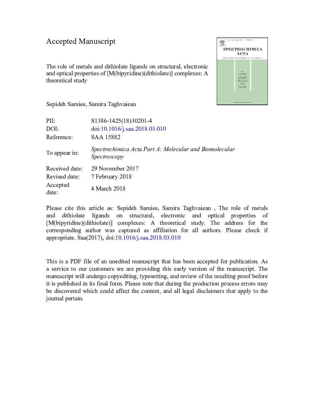 The role of metals and dithiolate ligands on structural, electronic and optical properties of [M(bipyridine)(dithiolate)] complexes: A theoretical study