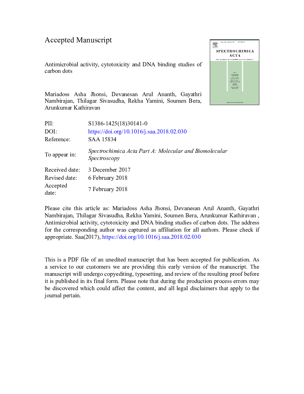 عکس صفحه اول مقاله: Antimicrobial activity, cytotoxicity and DNA binding studies of carbon dots Antimicrobial activity, cytotoxicity and DNA binding studies of carbon dots