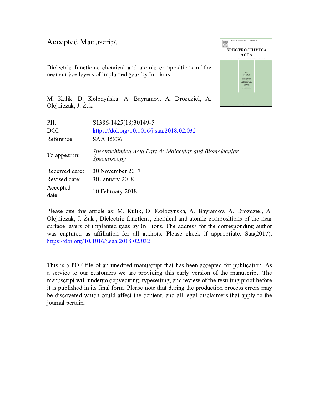 Dielectric functions, chemical and atomic compositions of the near surface layers of implanted GaAs by In+ ions