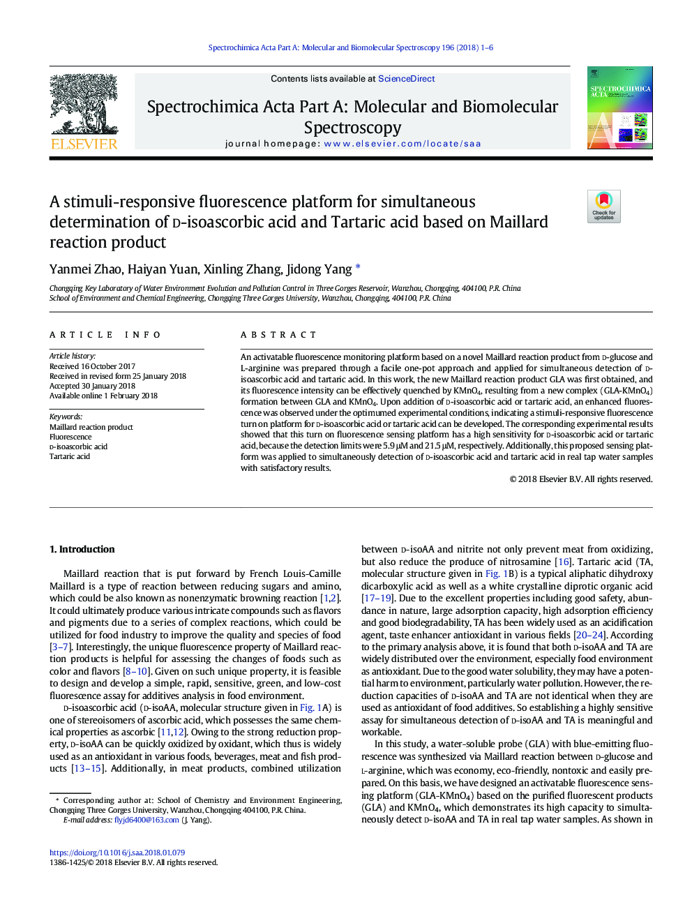عکس صفحه اول مقاله: A stimuli-responsive fluorescence platform for simultaneous determination of d-isoascorbic acid and Tartaric acid based on Maillard reaction product A stimuli-responsive fluorescence platform for simultaneous determination of d-isoascorbic acid and Tartaric acid based on Maillard reaction product