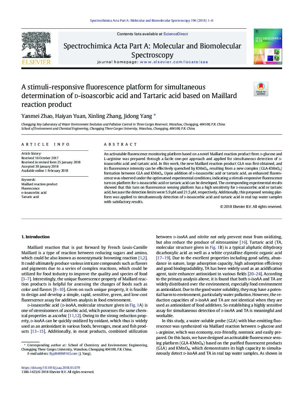 A stimuli-responsive fluorescence platform for simultaneous determination of d-isoascorbic acid and Tartaric acid based on Maillard reaction product