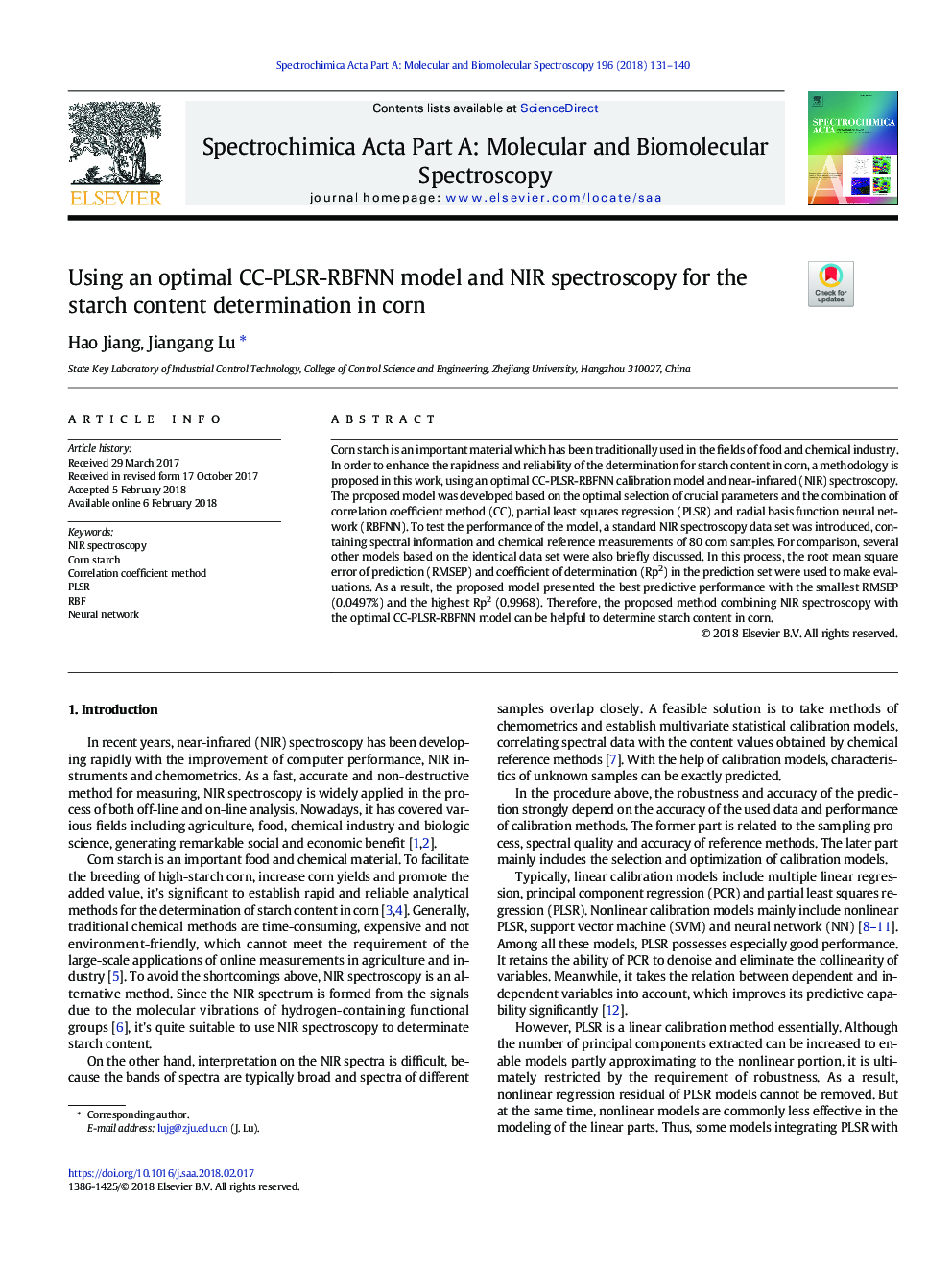 عکس صفحه اول مقاله: Using an optimal CC-PLSR-RBFNN model and NIR spectroscopy for the starch content determination in corn Using an optimal CC-PLSR-RBFNN model and NIR spectroscopy for the starch content determination in corn