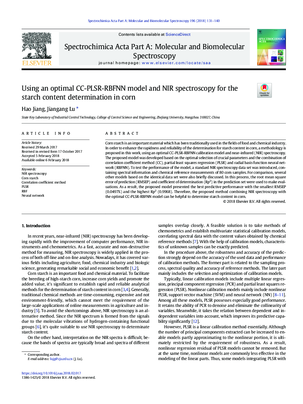 Using an optimal CC-PLSR-RBFNN model and NIR spectroscopy for the starch content determination in corn