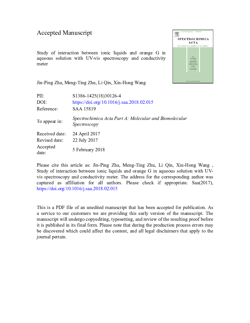 Study of interaction between ionic liquids and orange G in aqueous solution with UV-vis spectroscopy and conductivity meter