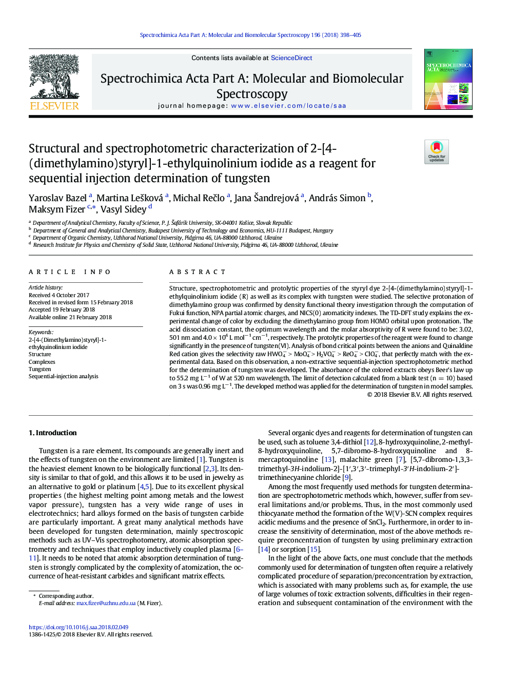 Structural and spectrophotometric characterization of 2-[4-(dimethylamino)styryl]-1-ethylquinolinium iodide as a reagent for sequential injection determination of tungsten