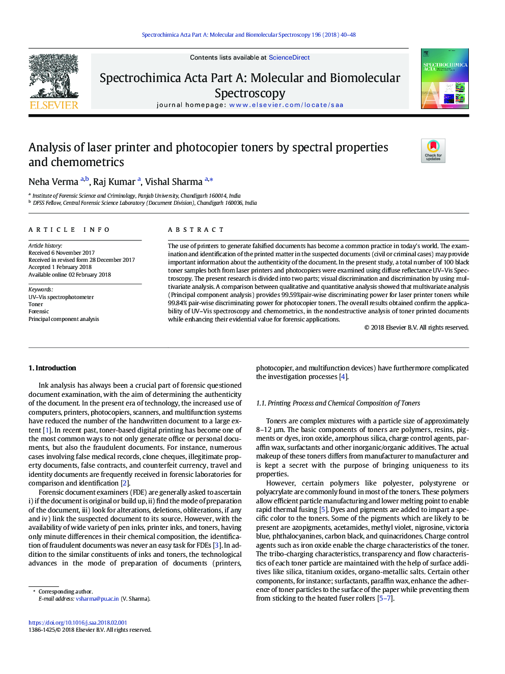 Analysis of laserÂ printer and photocopier toners by spectral properties and chemometrics