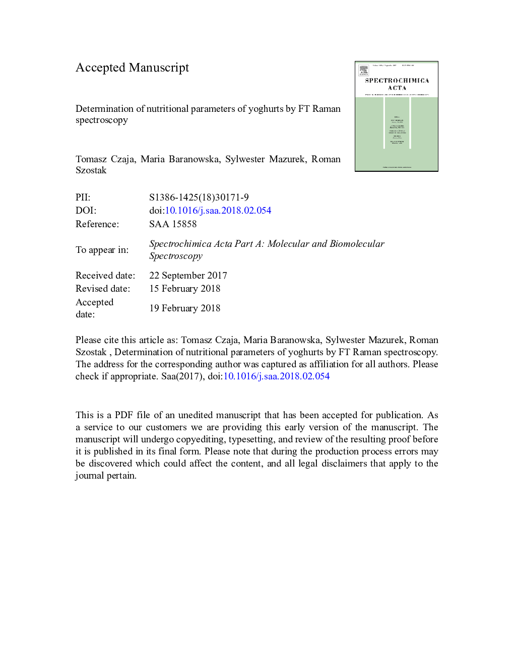 عکس صفحه اول مقاله: Determination of nutritional parameters of yoghurts by FT Raman spectroscopy Determination of nutritional parameters of yoghurts by FT Raman spectroscopy