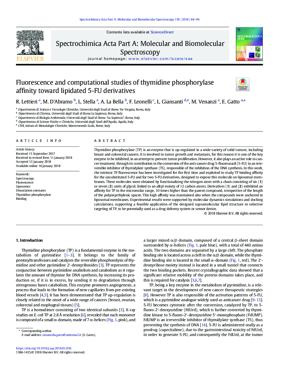 Fluorescence and computational studies of thymidine phosphorylase affinity toward lipidated 5-FU derivatives