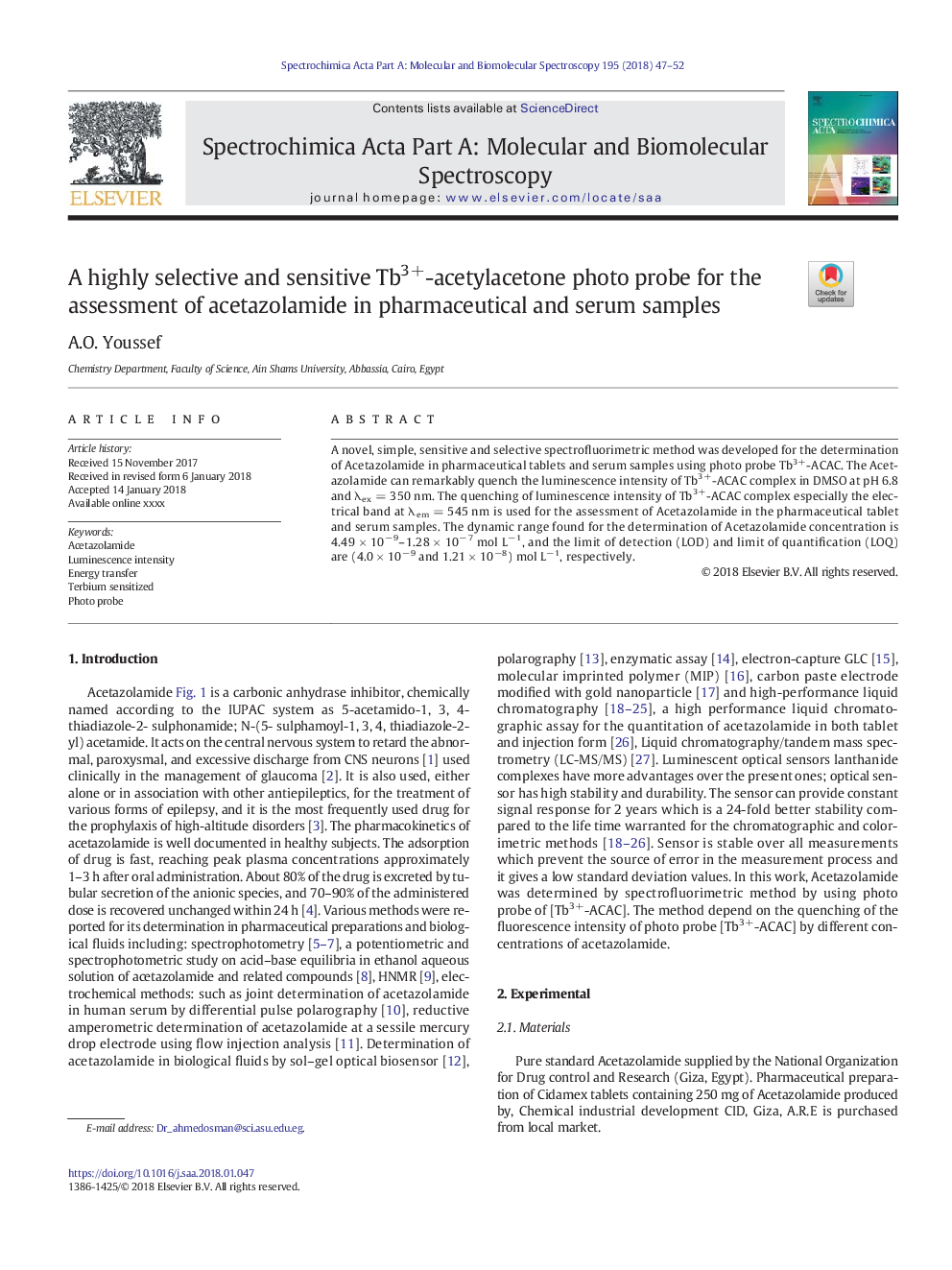 عکس صفحه اول مقاله: A highly selective and sensitive Tb3+-acetylacetone photo probe for the assessment of acetazolamide in pharmaceutical and serum samples A highly selective and sensitive Tb3+-acetylacetone photo probe for the assessment of acetazolamide in pharmaceutical and serum samples