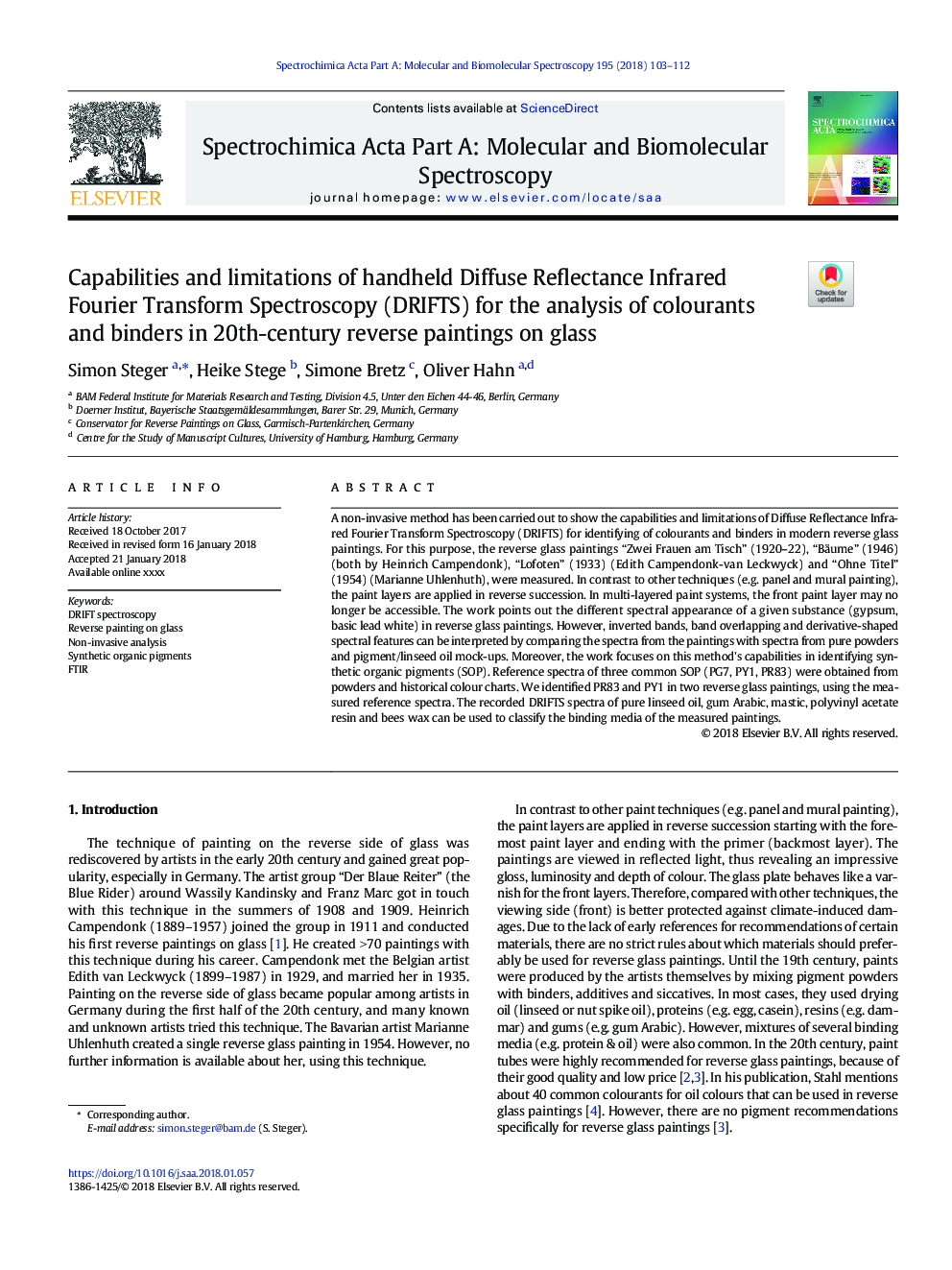 Capabilities and limitations of handheld Diffuse Reflectance Infrared Fourier Transform Spectroscopy (DRIFTS) for the analysis of colourants and binders in 20th-century reverse paintings on glass