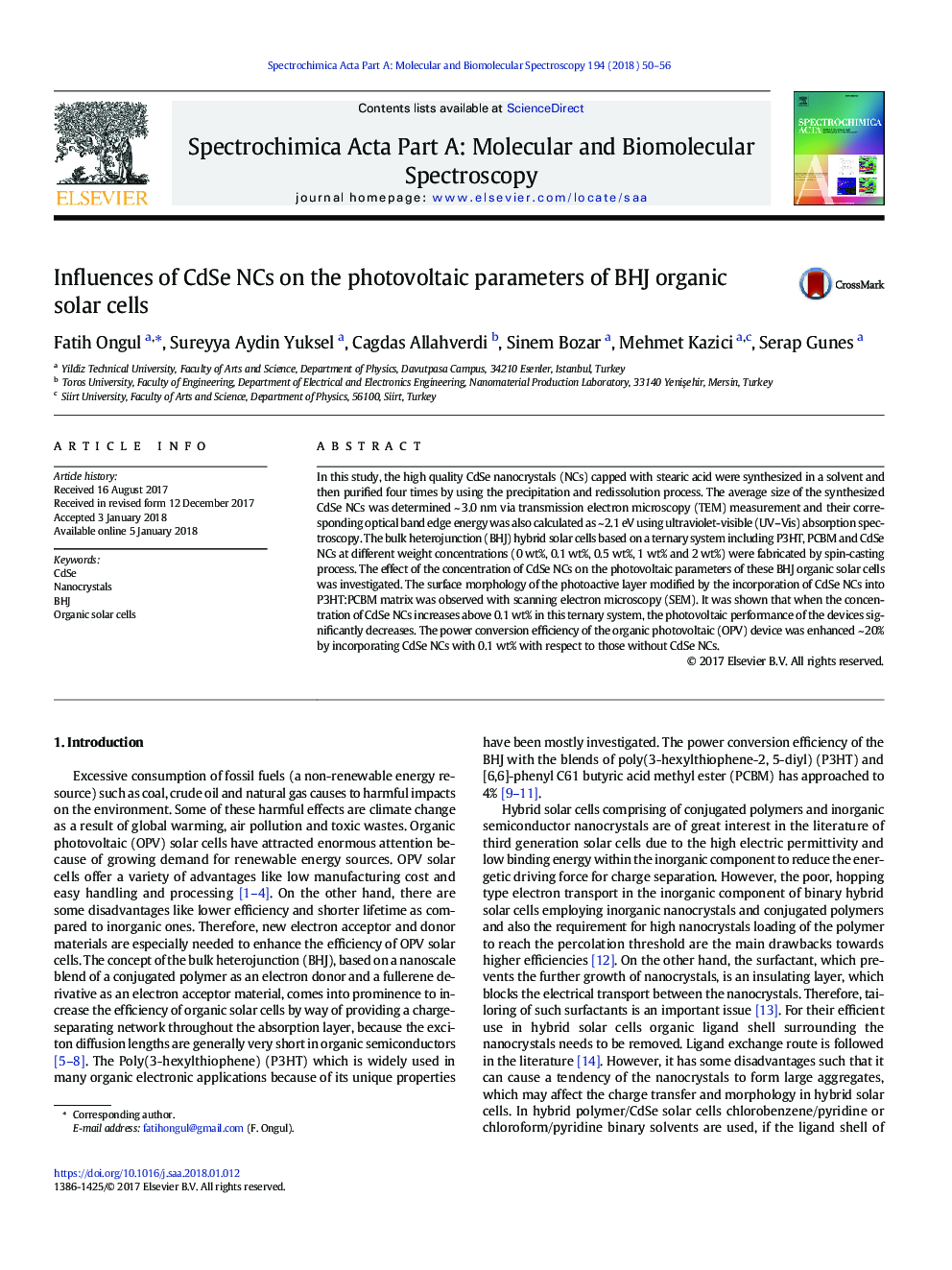 Influences of CdSe NCs on the photovoltaic parameters of BHJ organic solar cells