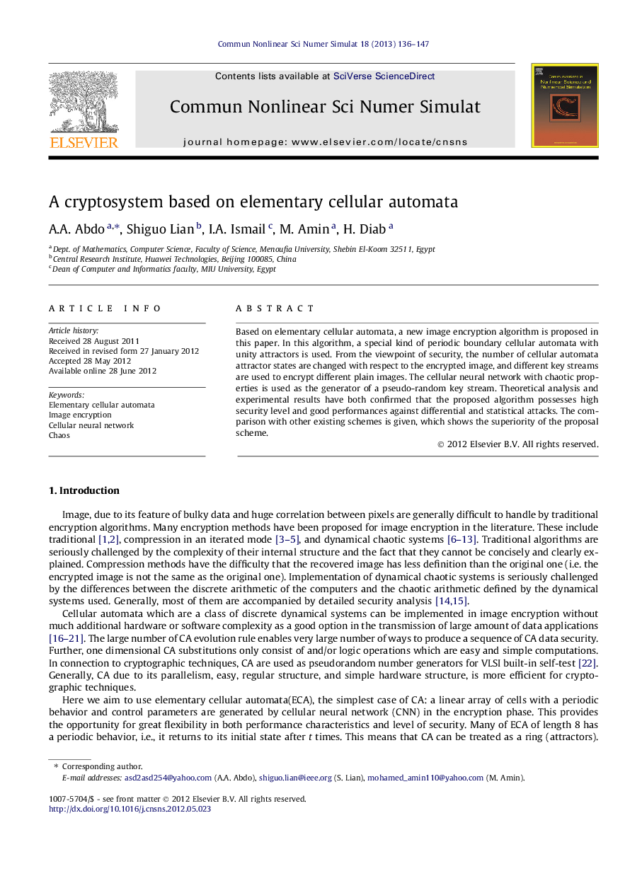 A cryptosystem based on elementary cellular automata