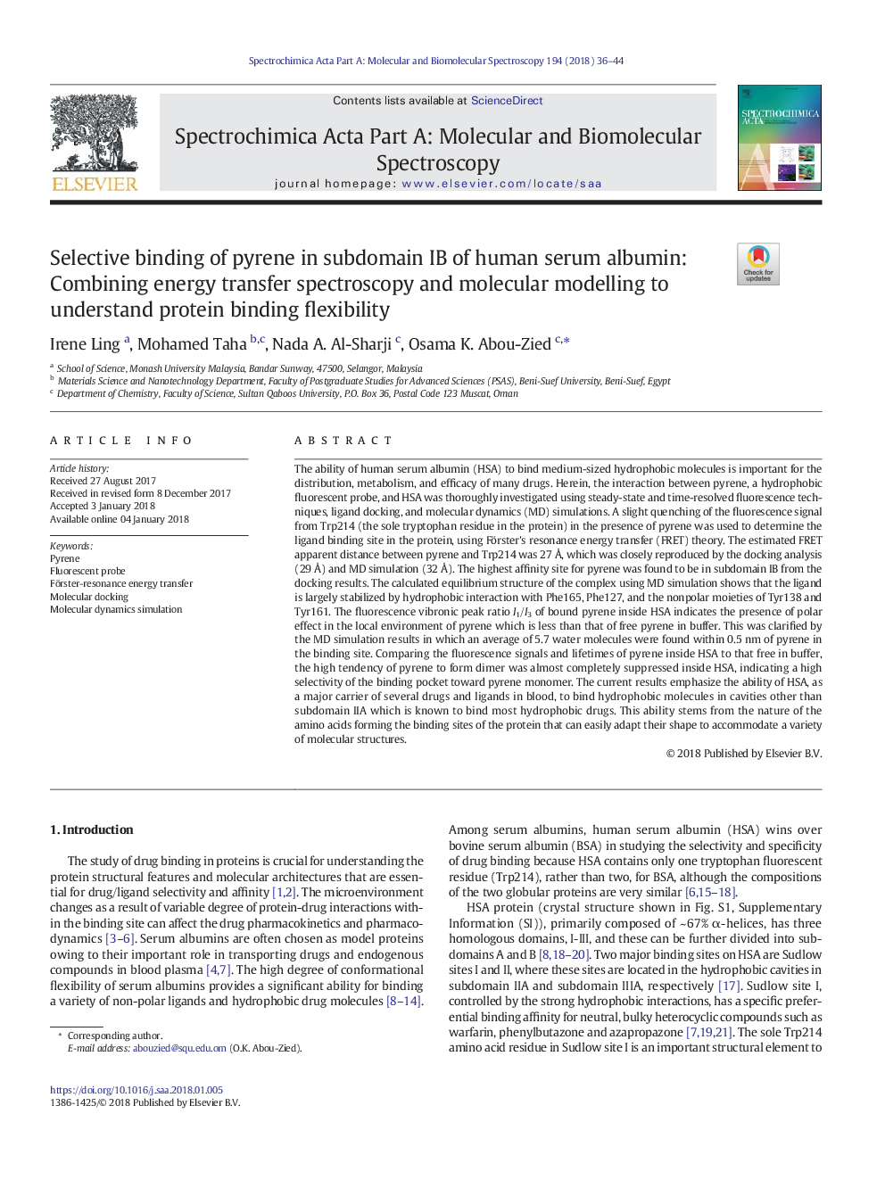 Selective binding of pyrene in subdomain IB of human serum albumin: Combining energy transfer spectroscopy and molecular modelling to understand protein binding flexibility