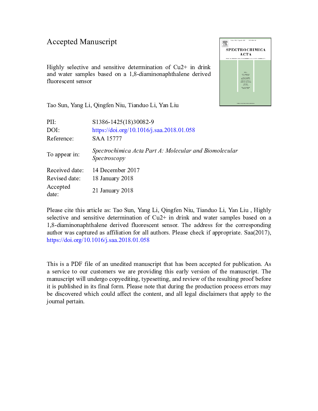 Highly selective and sensitive determination of Cu2+ in drink and water samples based on a 1,8-diaminonaphthalene derived fluorescent sensor