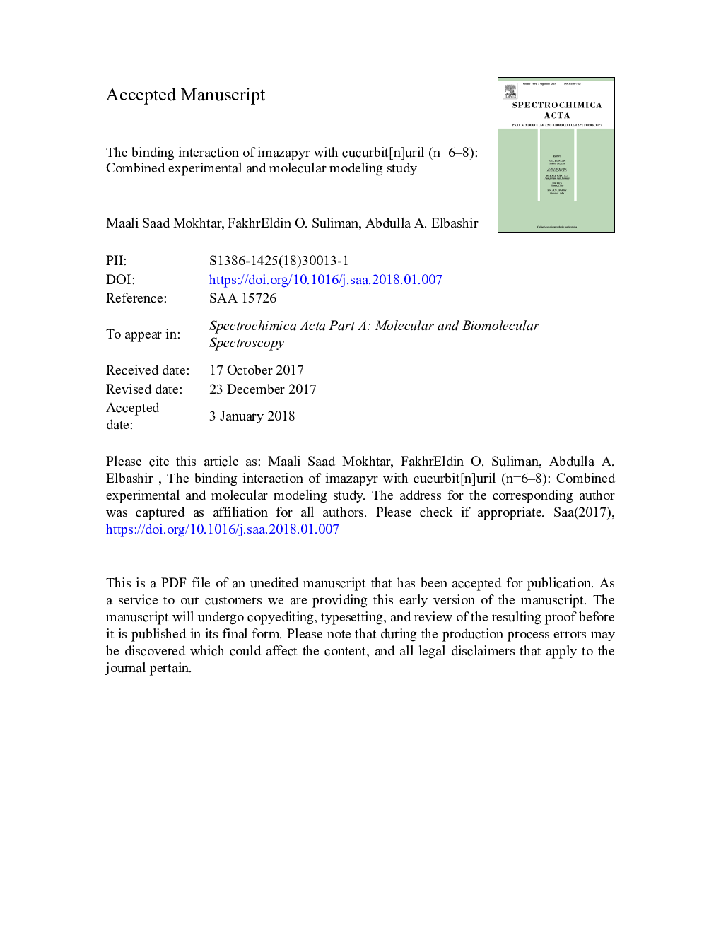 The binding interaction of imazapyr with cucurbit[n]uril (nÂ =Â 6-8): Combined experimental and molecular modeling study