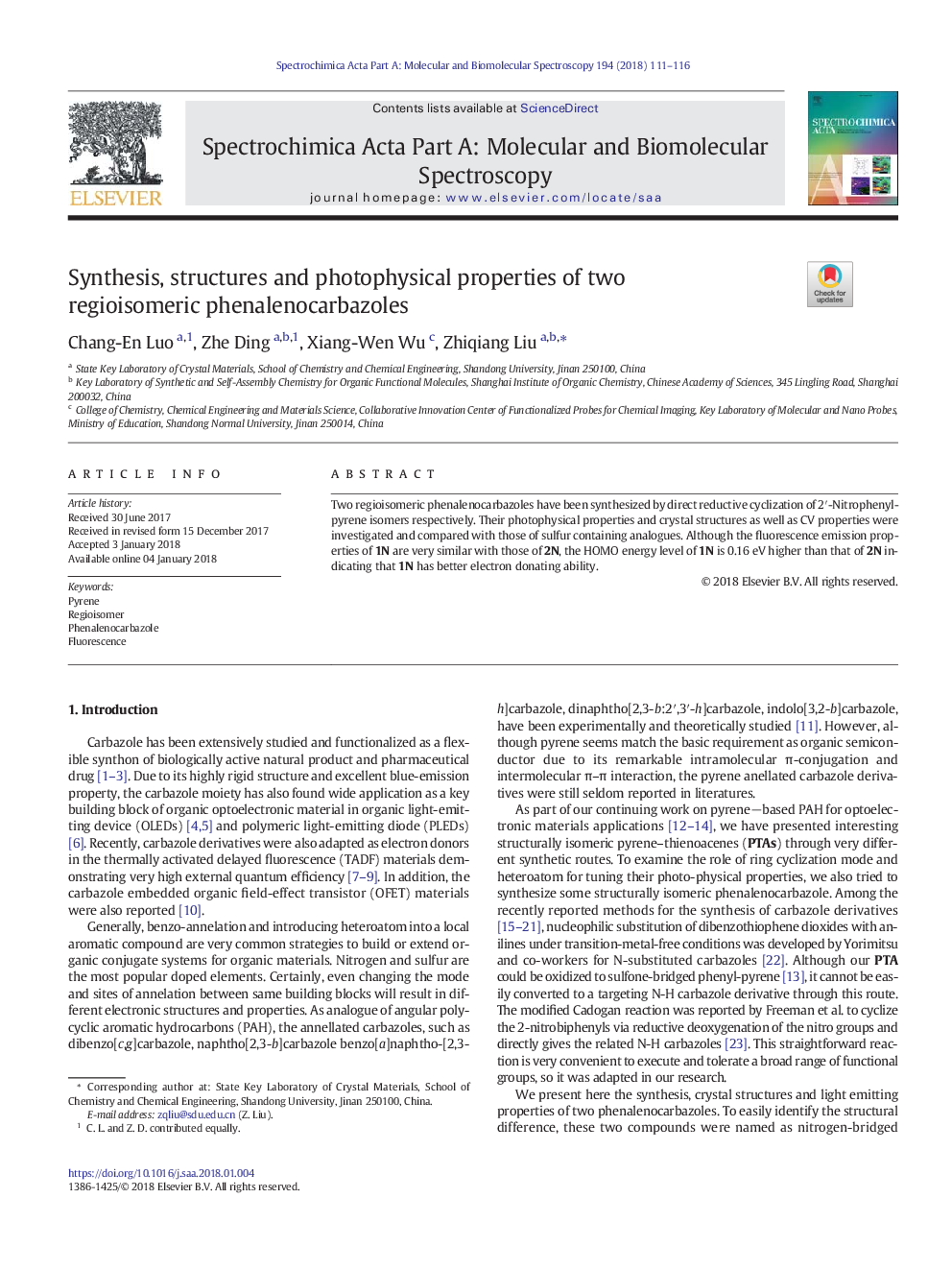 Synthesis, structures and photophysical properties of two regioisomeric phenalenocarbazoles