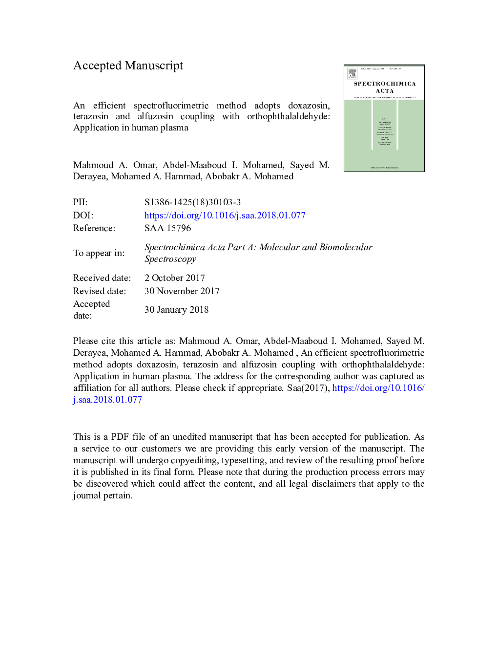 An efficient spectrofluorimetric method adopts doxazosin, terazosin and alfuzosin coupling with orthophthalaldehyde: Application in human plasma