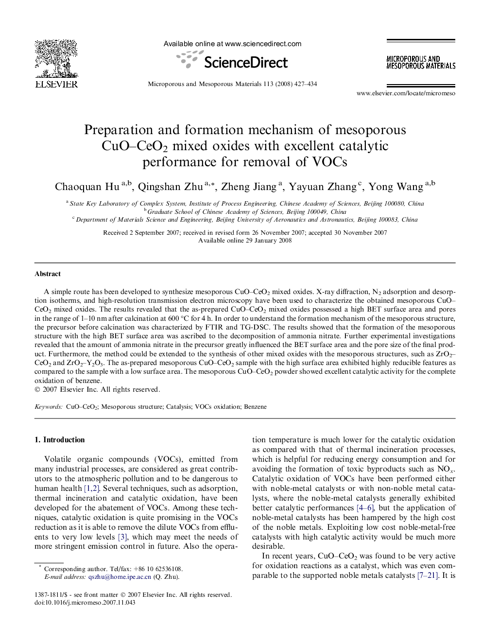 Preparation and formation mechanism of mesoporous CuO–CeO2 mixed oxides with excellent catalytic performance for removal of VOCs