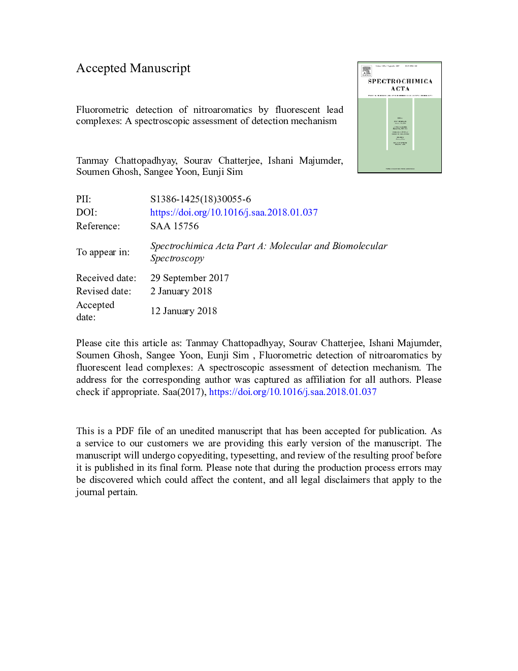 Fluorometric detection of nitroaromatics by fluorescent lead complexes: A spectroscopic assessment of detection mechanism