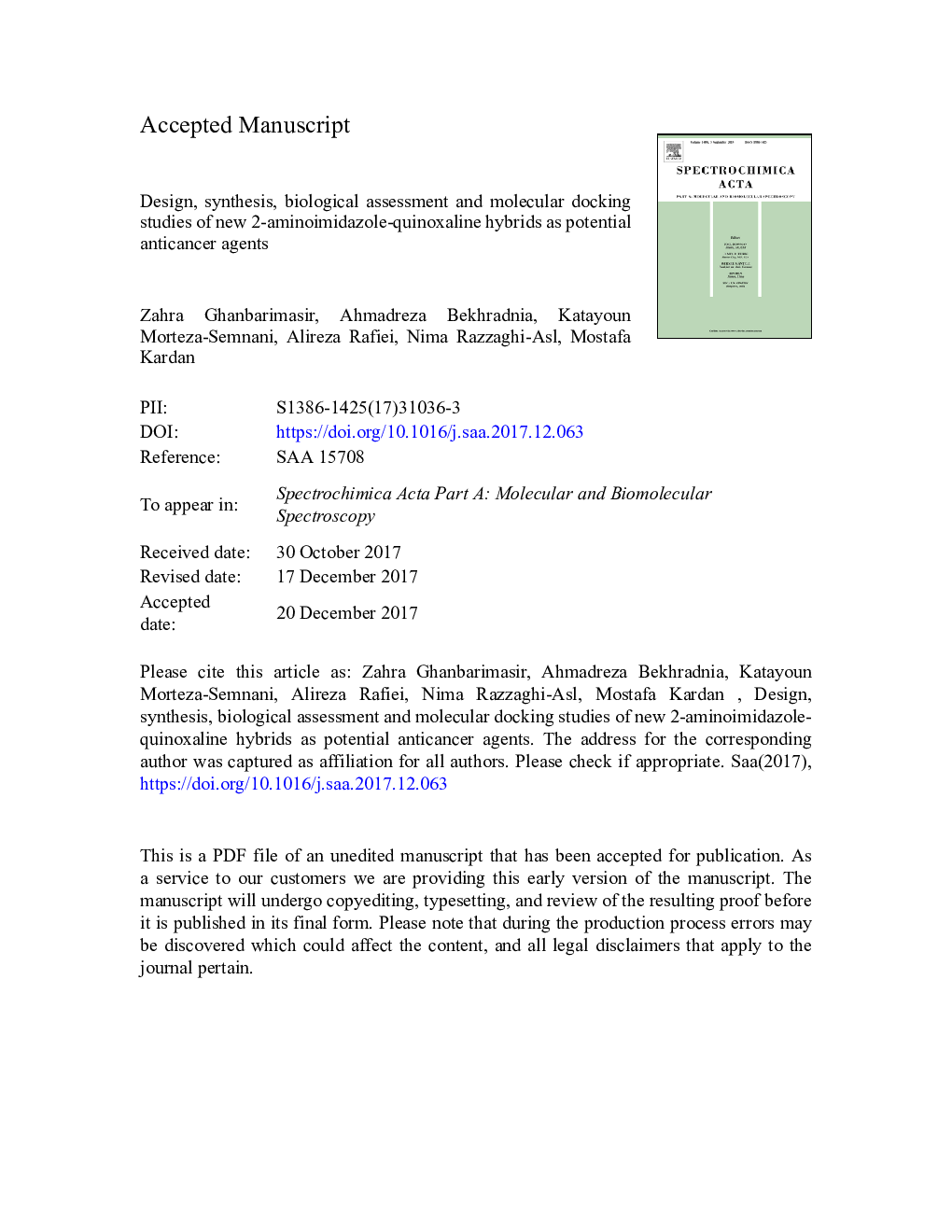 Design, synthesis, biological assessment and molecular docking studies of new 2-aminoimidazole-quinoxaline hybrids as potential anticancer agents