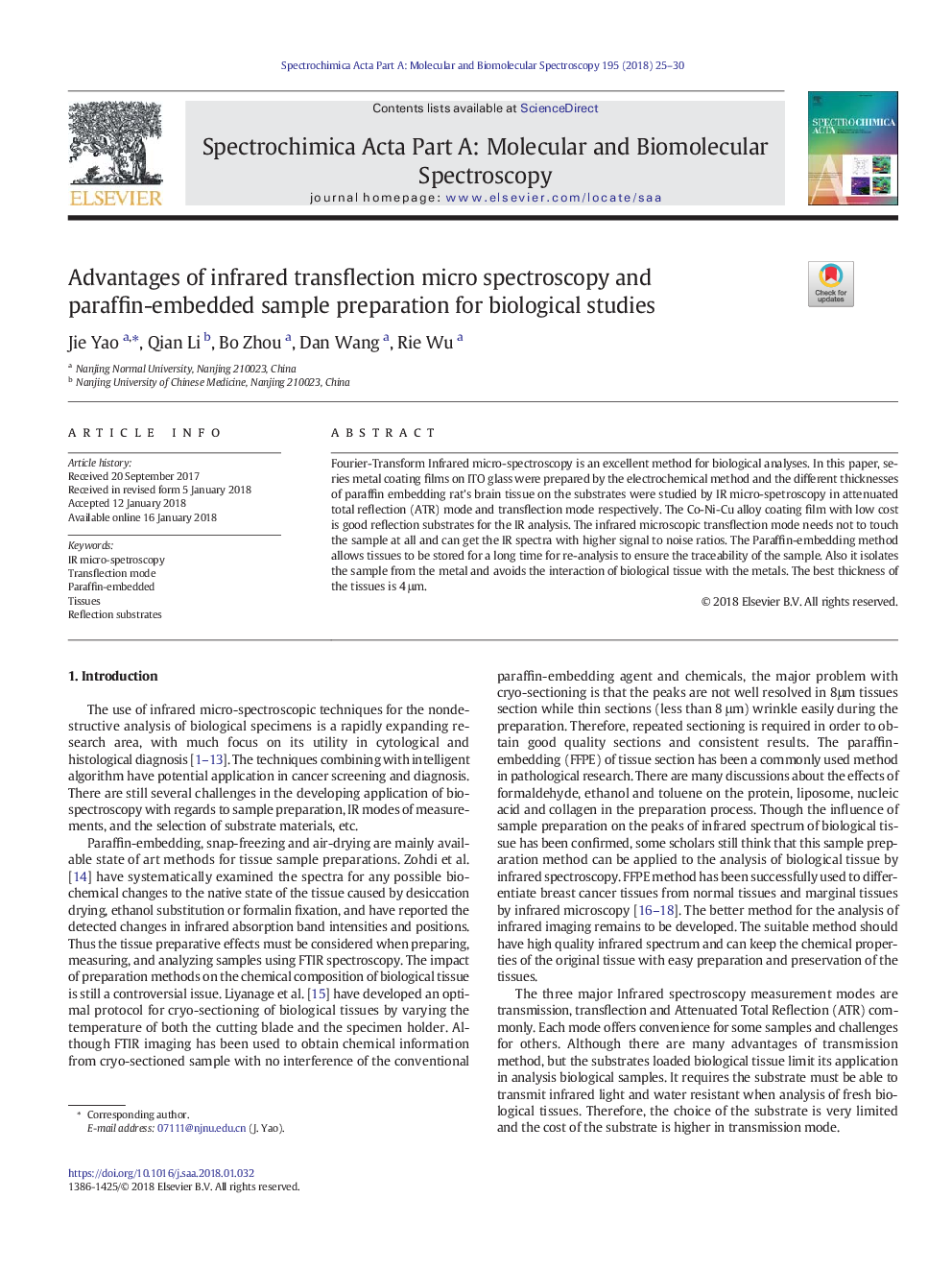 Advantages of infrared transflection micro spectroscopy and paraffin-embedded sample preparation for biological studies