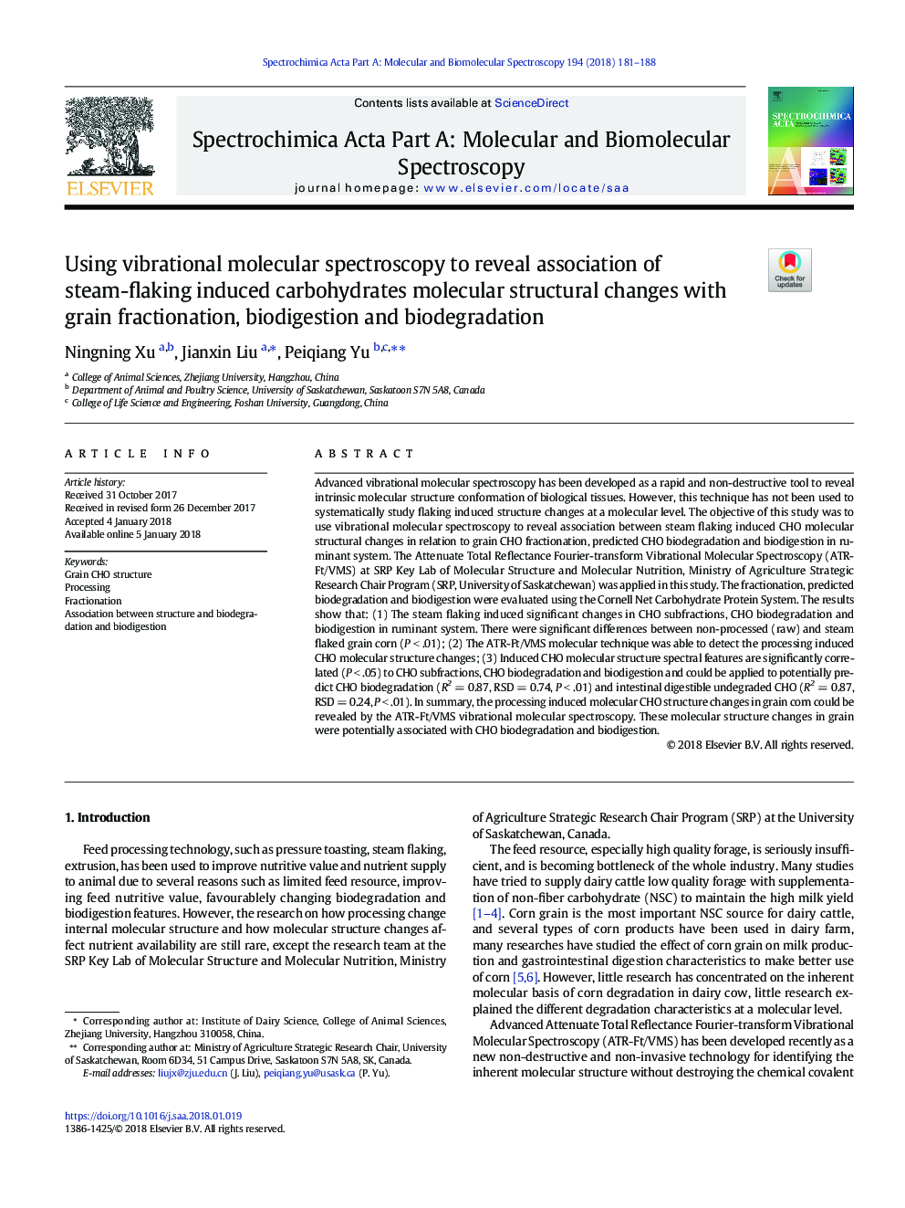 Using vibrational molecular spectroscopy to reveal association of steam-flaking induced carbohydrates molecular structural changes with grain fractionation, biodigestion and biodegradation