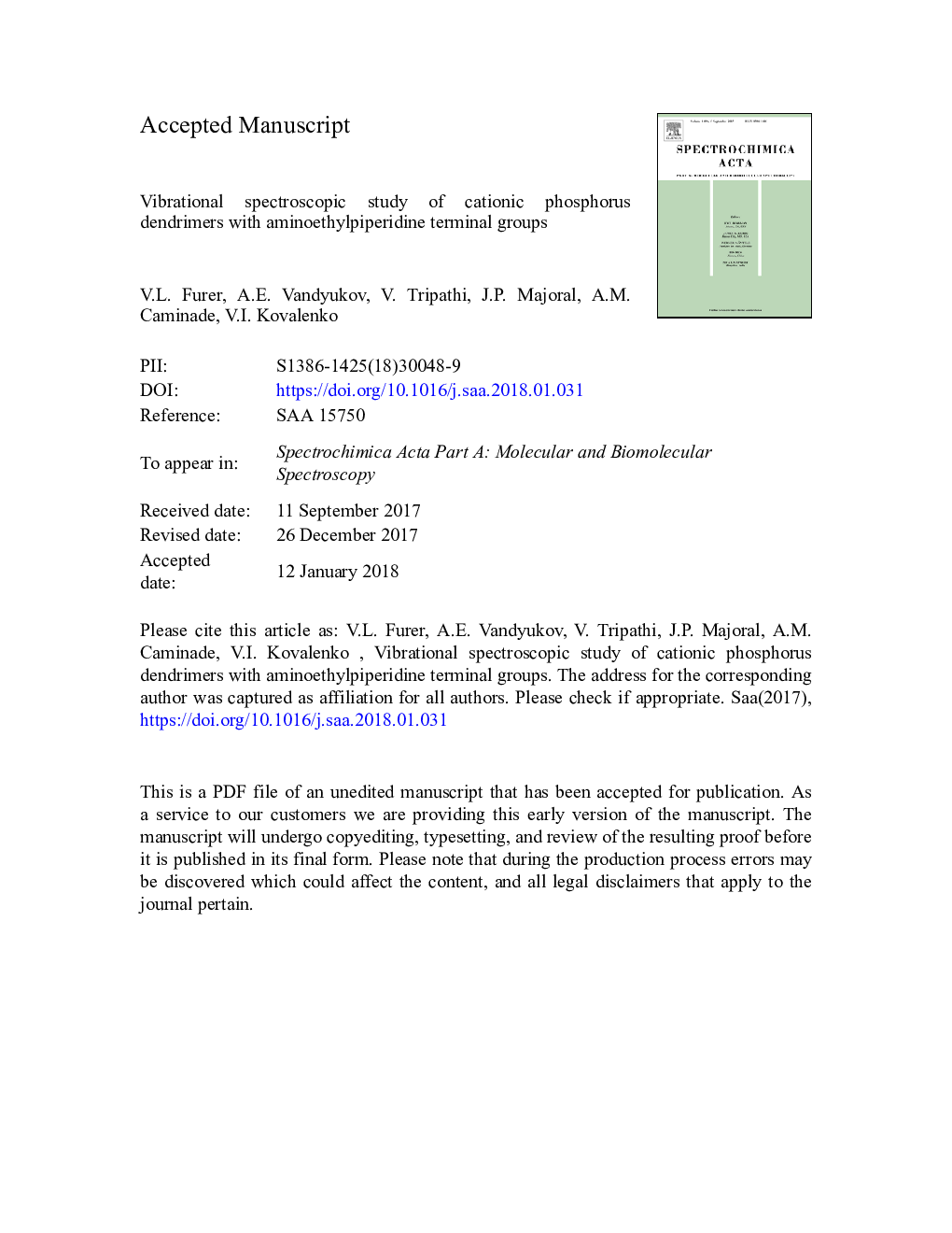 Vibrational spectroscopic study of cationic phosphorus dendrimers with aminoethylpiperidine terminal groups