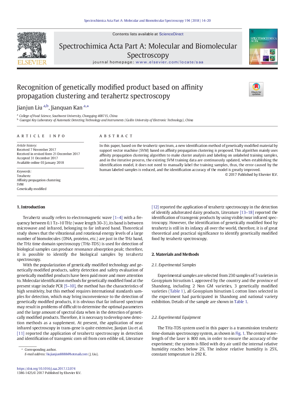 Recognition of genetically modified product based on affinity propagation clustering and terahertz spectroscopy